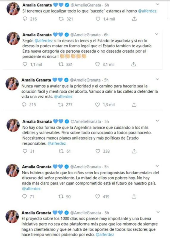 Los tuits de Amalia Granata contra el presidente por su anuncio sobre la ley del aborto