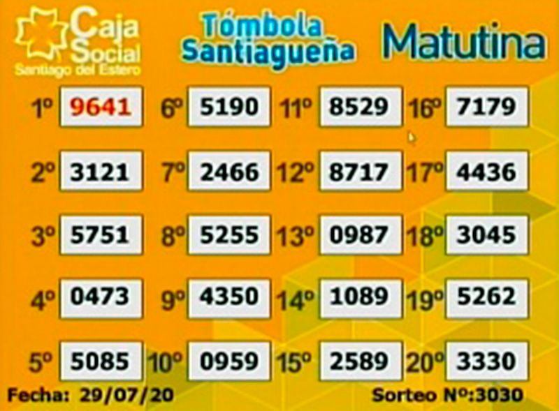 Sorteo matutino de la Tómbola Santiagueña del miércoles 29 de julio de 2020. 