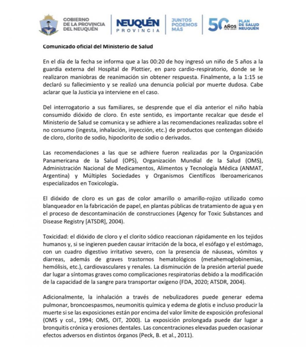 El comunicado del Ministerio de Salud de Neuquén. 