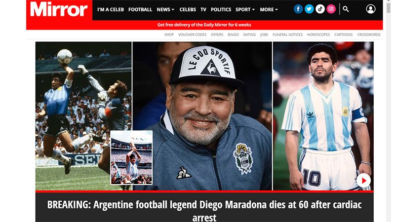 The Mirror recordó el gol con la mano contra el seleccionado británico 