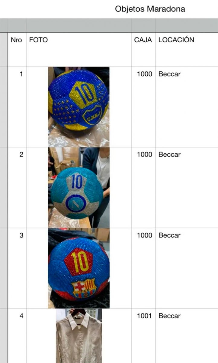 Pelotas de Boca, Napoli y Barcelona. Parte de los objetos que hay en el contenedor que llegó de Dubái. 
