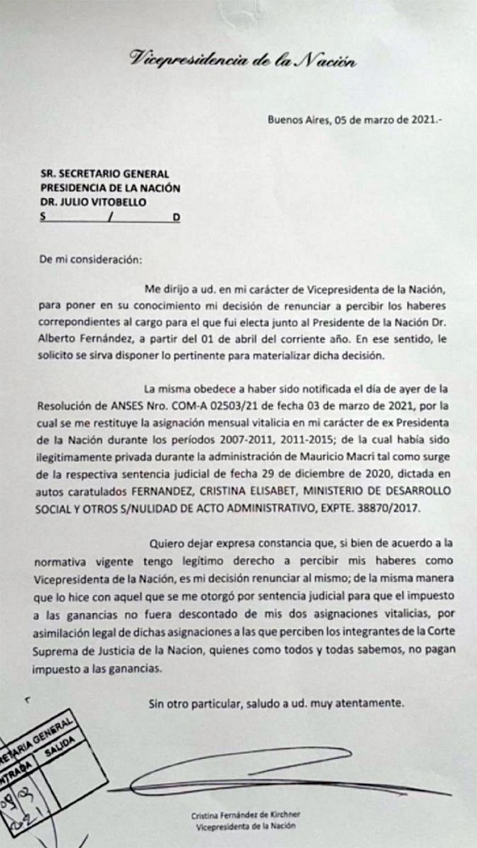 Carta de Cristina Kirchner 