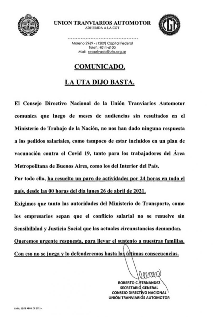 La UTA anuncia un paro de 24 horas en colectivos de corta distancia en ...