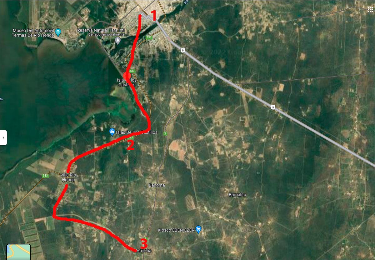 Mapa del recorrido delictivo de Zombi y sus cómplices: 1) Moreno y Antonino Taboada roban campera y dinero - 2) roban en casa de Mercado - 3) zona donde fueron detenidos 
