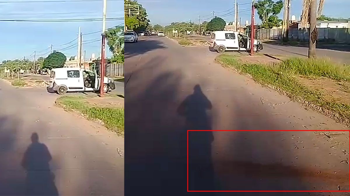 Utilitario involucrado, en recuadro lugar donde cayó la víctima 