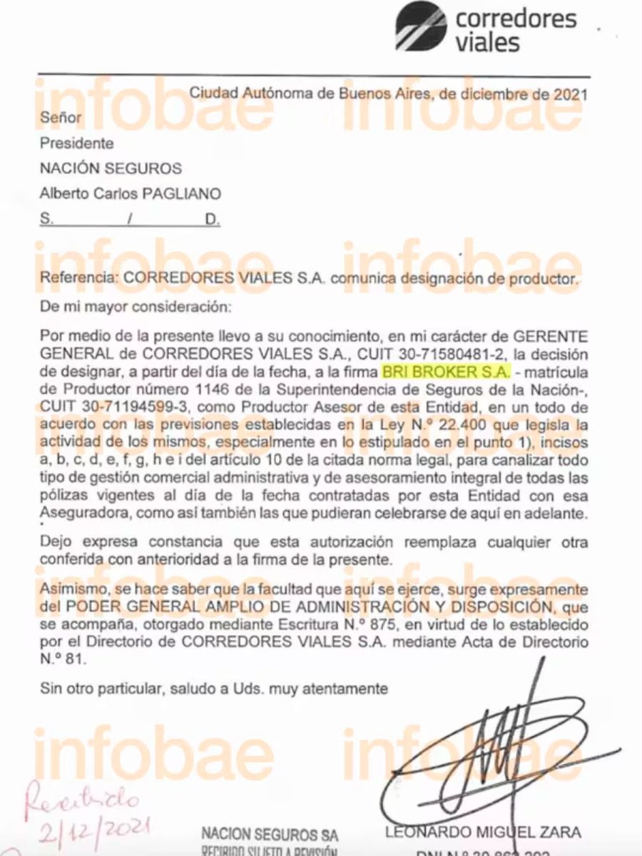 La nota que incluyó a Bri Brokers al contrato con Corredores Viales 