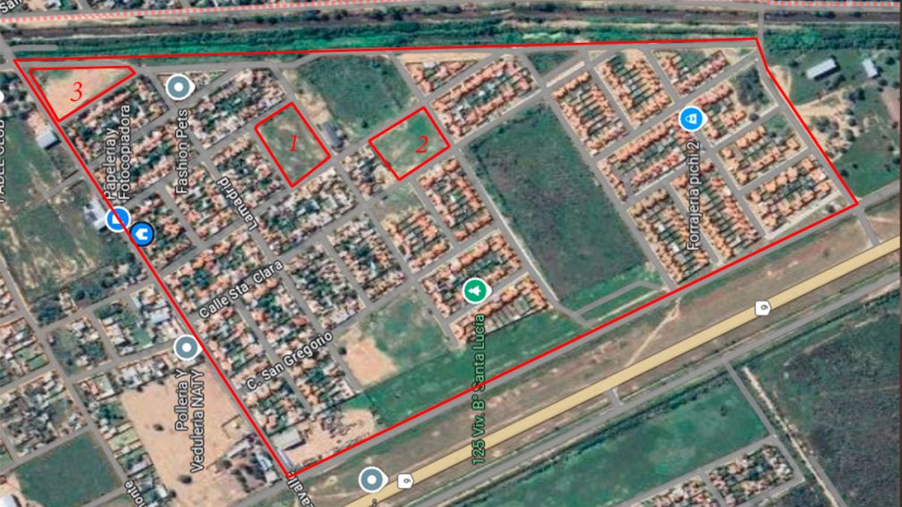 En rojo  la zona que abarca el barrio. 1 y 2 lugares para una plaza - 3 donde podría haber un polideportivo 