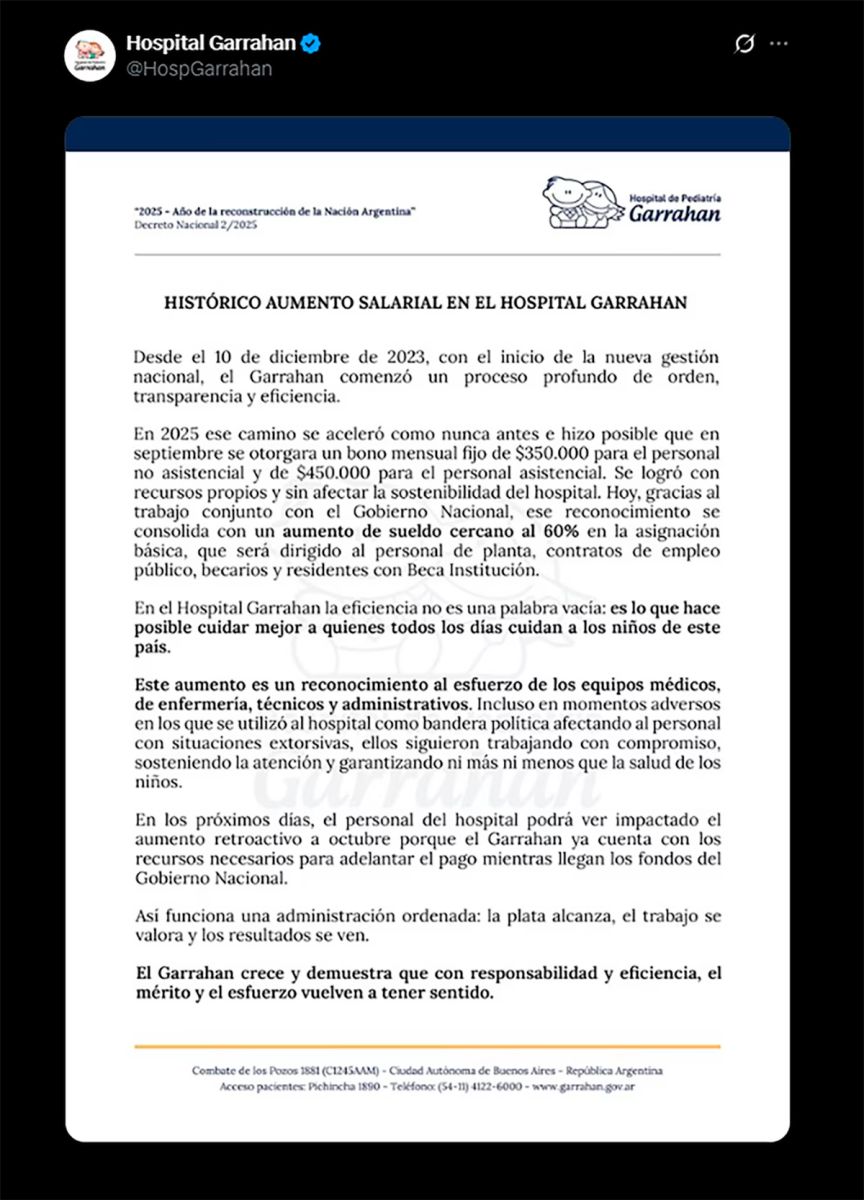 El comunicado del Garrahan 