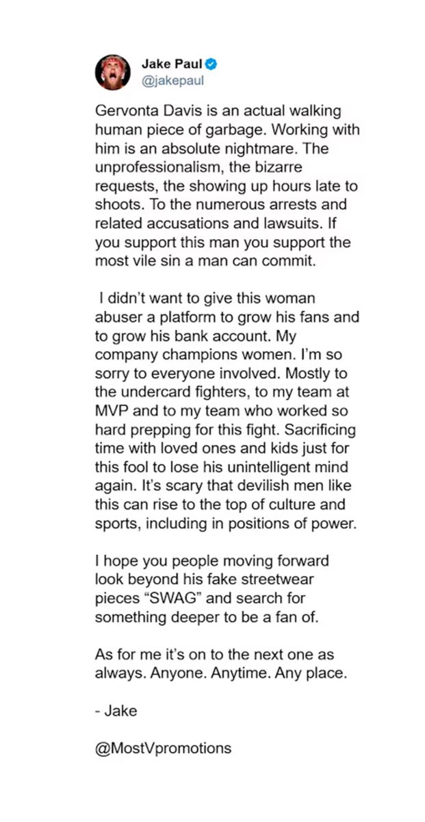 El descargo de Jake Paul 