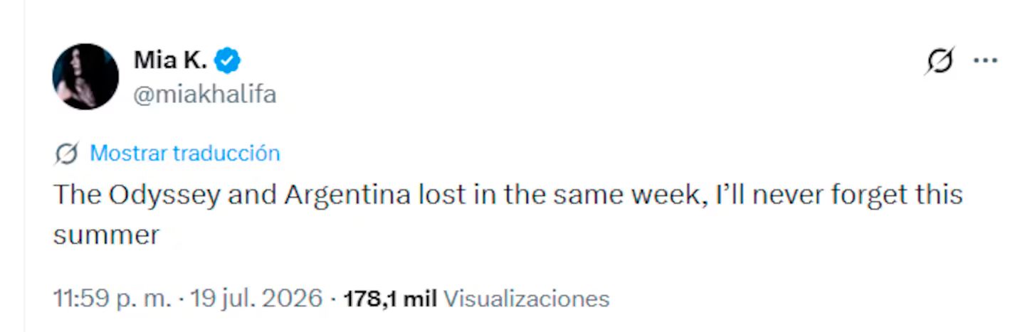 "La Odisea y la derrota argentina en la misma semana": la frase de Mia Khalifa que hizo estallar las redes