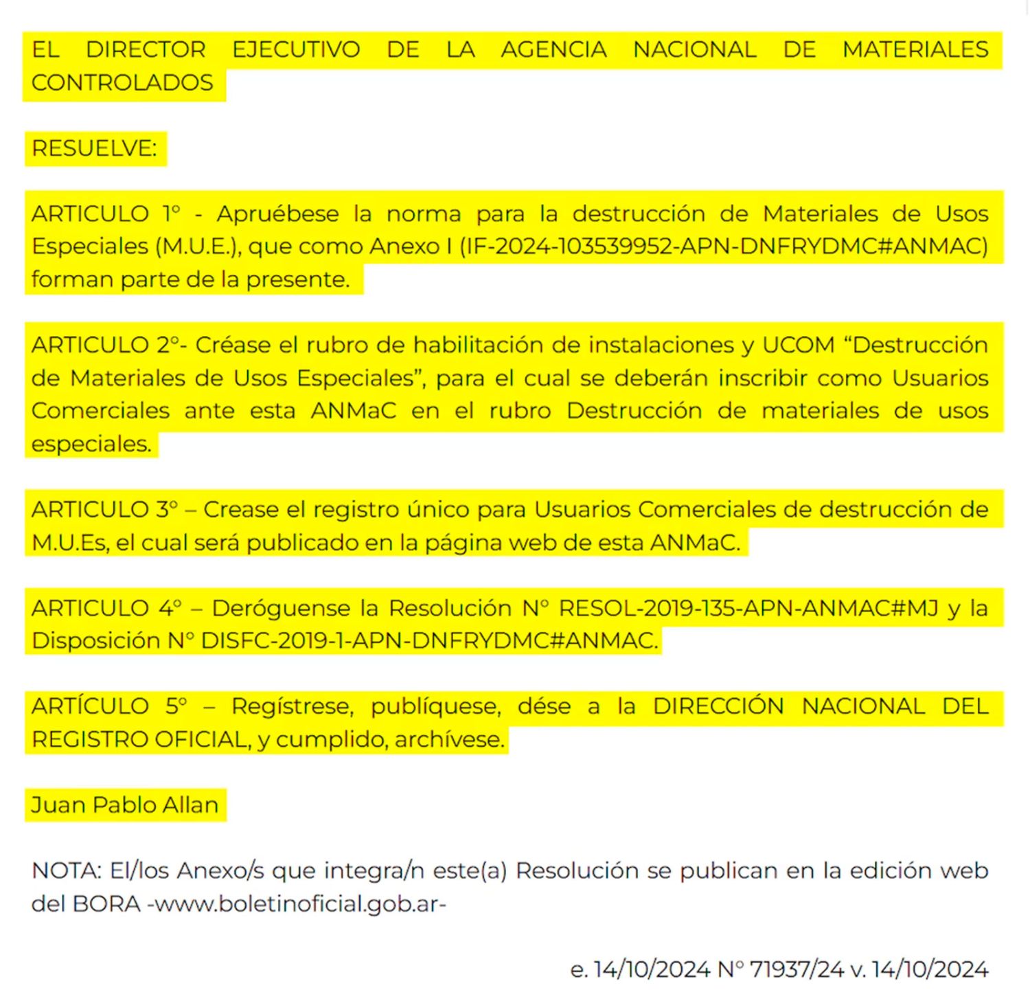 Publicada en el Boletín Oficial 