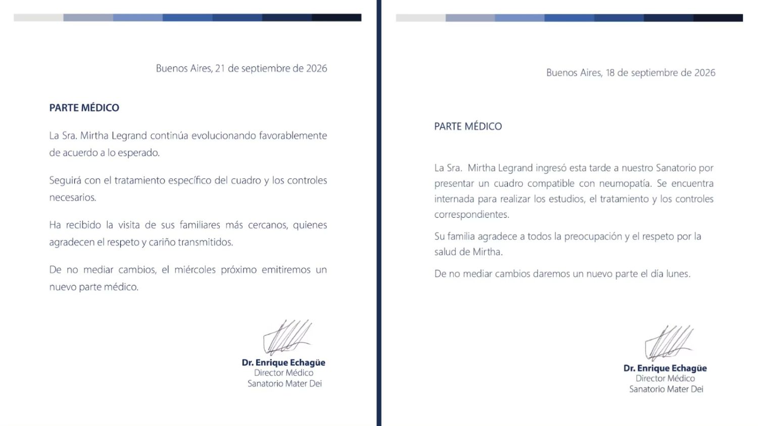 Comunicado oficial del Sanatorio Mater Dei 
